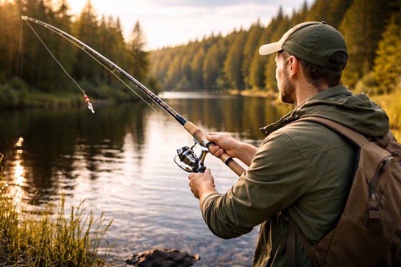Sportfiske i svensk natur med spö och rulle – fiskare kastar i lugn insjö omgiven av skog, spegelblankt vatten och dimma i morgonljus.